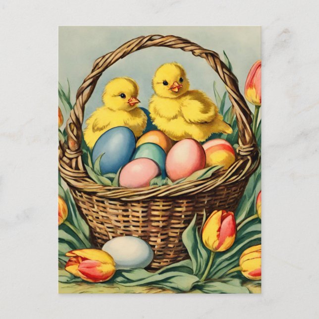 Postal Vintage chichas de Pascua con tulipanes (Anverso)