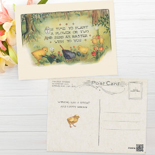 Postal Vintage chichas de Pascua en el jardín con diverti