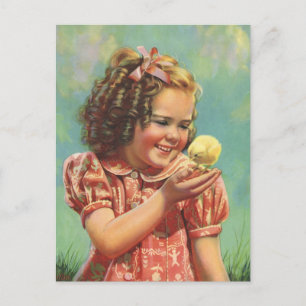 Postal Vintage Child, Happy Smile, Girl with Baby Chick