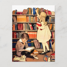 Postal Vintage Children Reading Library Books PostCard