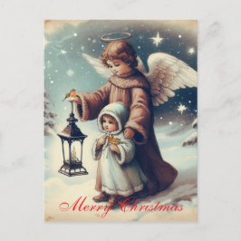 Postal Vintage Christmas Angel, Child and Birds
