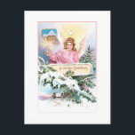 Postal Vintage Christmas Angel, Star & Snow Covered Pine<br><div class="desc">Nostálgicos Navidades victorianos restaurados muestran hermosos ángeles alados de pelo dorado con túnicas rosas bajo una brillante estrella sosteniendo una vela iluminada con cabaña en un fondo rodeado de pino cubierto de nieve y pancartas que dicen "Una Feliz Navidad". Parte posterior de la tarjeta incluye gráficos coordinados por personalizados y...</div>