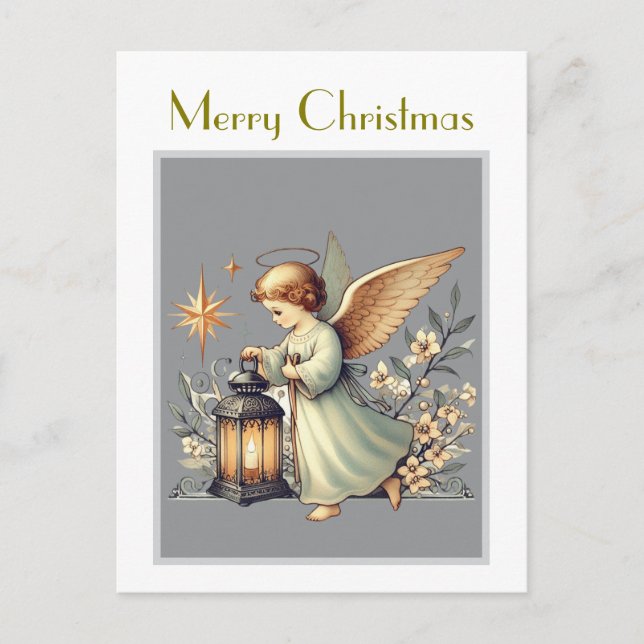 Postal Vintage Christmas Angel y Lantern (Anverso)