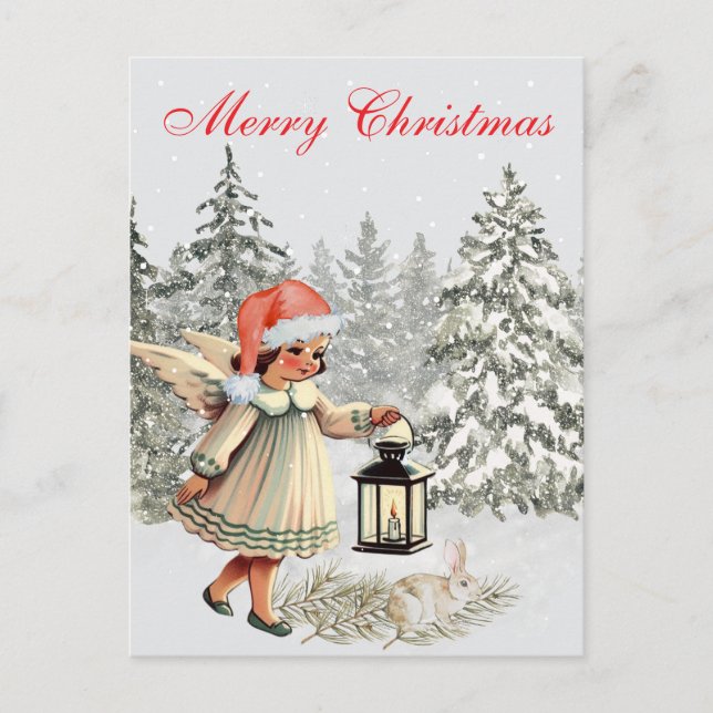 Postal Vintage Christmas Angel y Rabbit (Anverso)