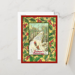 Postal Vintage Christmas Card con Sledding y Holly
