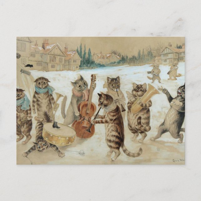 Postal Vintage Christmas Cats cantando villancicos (Anverso)