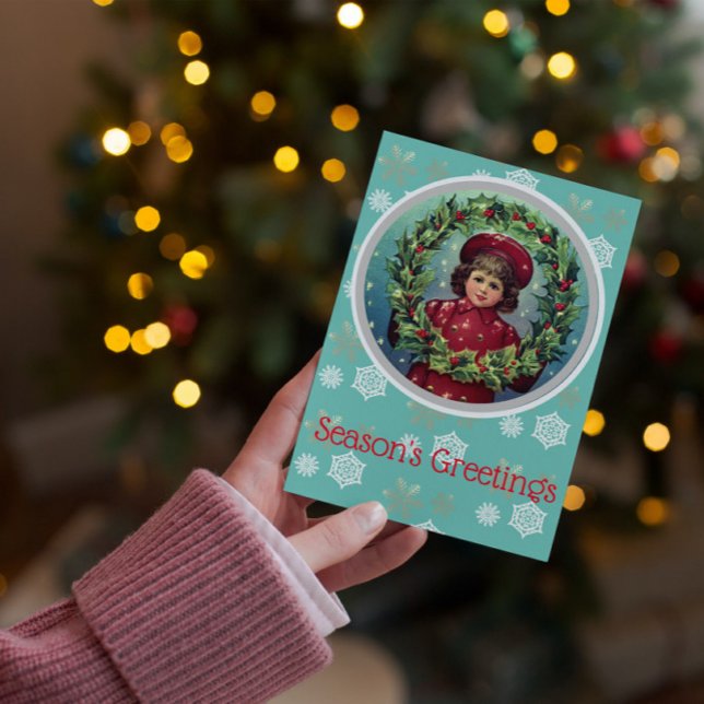 Postal Vintage Christmas Child - Holly Wreath (Subido por el creador)