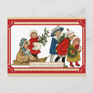 Postal Vintage Christmas Cute Children Sleigh