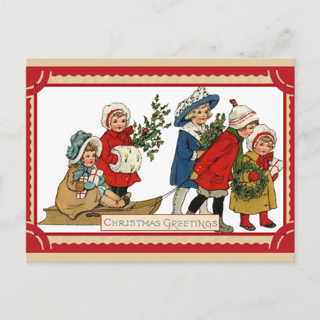 Postal Vintage Christmas Cute Children Sleigh (Anverso)
