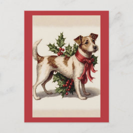 Postal Vintage Christmas Dog con Red Bow y Holly