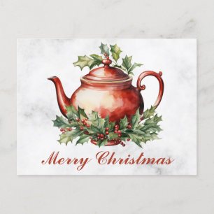 Postal Vintage Christmas Floral Antiguo Té de Tetera