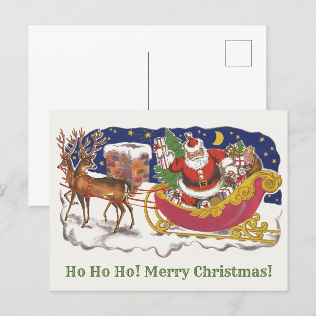Postal Vintage Christmas, Jolly Santa Claus con Sleigh (Anverso / Reverso)