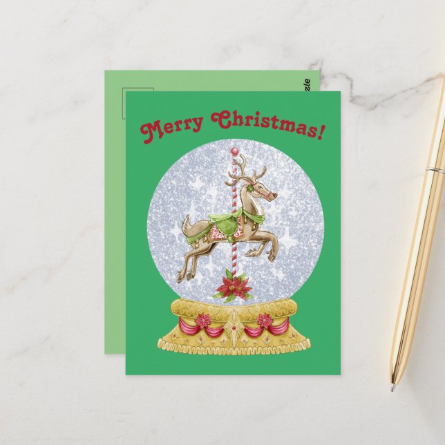 Postal Vintage Christmas Merry Go round Snowglobe (Anverso/Reverso In Situ)
