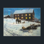 Postal Vintage Christmas Rustic Winter Home<br><div class="desc">Le deseamos a sus seres queridos un Navidad feliz con esta encantadora postal de temporada con el arte del pintor noruego Lars Jorde. Perfecto para las vacaciones, un mágico escenario invernal lleno de nieve en una casa rústica que disfruta de un festín de Navidades que se prepara para repartir alegres...</div>