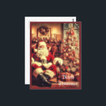 Postal Vintage Christmas Santa Claus AI Art Postcard<br><div class="desc">Esta postal contiene una imagen generada por IA de un Papá Noel Vintage sentado en una silla junto a un árbol de Navidad decorado. Puede personalizar esta postal con su propio saludo o comprar como se muestra con "Feliz Navidad"</div>