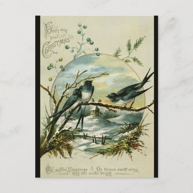 Postal Vintage Christmas Swallows Birds (Anverso)