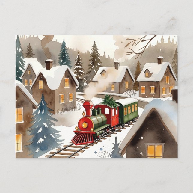 Postal Vintage Christmas Train in Snowy Village Postcard (Anverso)