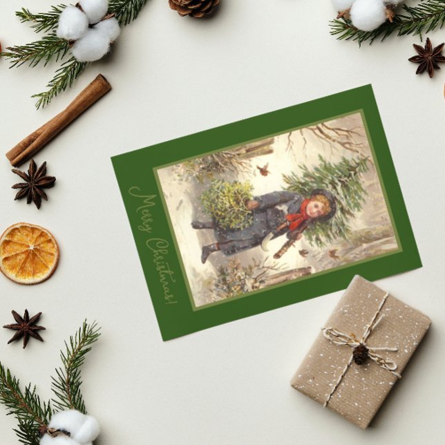 Postal Vintage Christmas Tree Baby Girl Green Holiday (Subido por el creador)