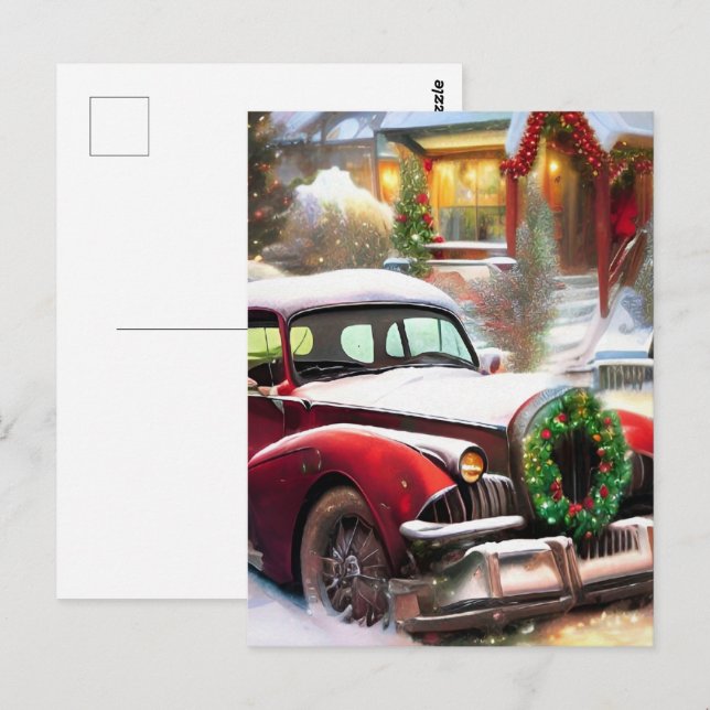 Postal Vintage coche rojo navideño en nieve (Anverso / Reverso)
