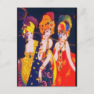 Postal Vintage Colorful Deco Mujeres con Joyería