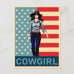 Postal Vintage Cowgirl Bandera Americana