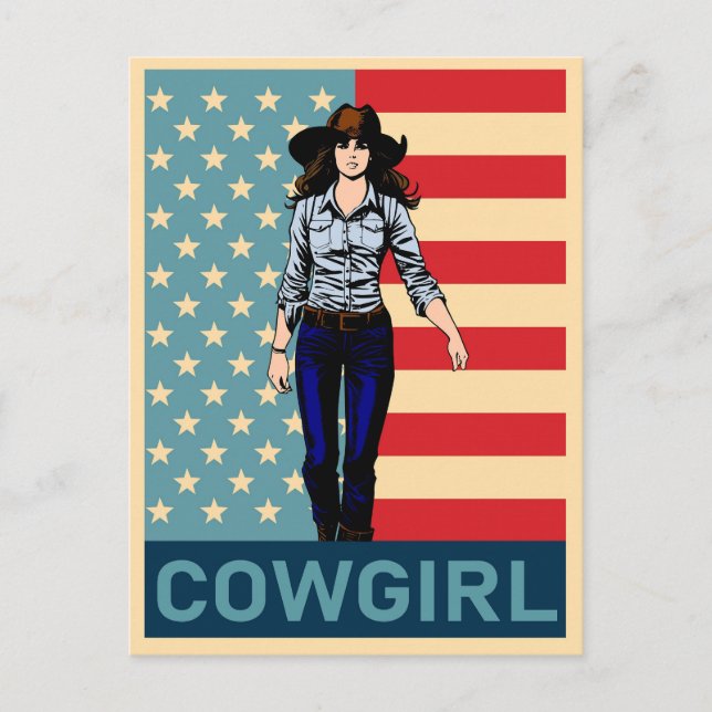 Postal Vintage Cowgirl Bandera Americana (Anverso)