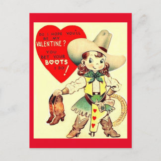 Postal Vintage Cowgirl & Boots Valentine de los años 50