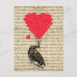 Postal Vintage Crow y globos con forma de corazón