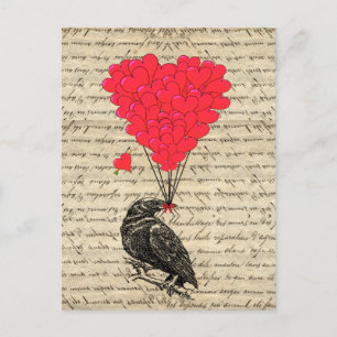 Postal Vintage Crow y globos con forma de corazón