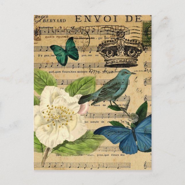 Postal vintage crown bird Music Notes french botanch (Anverso)