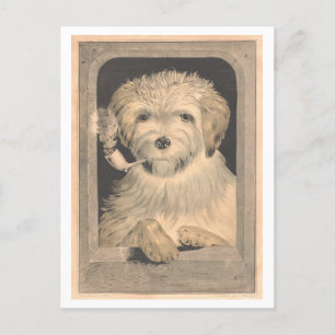 Postal Vintage Currier & Ives Perro fumando una tubería