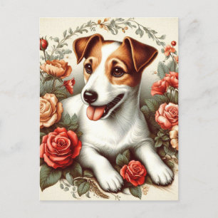 Postal Vintage Cute Jack Russell Terrier Floral