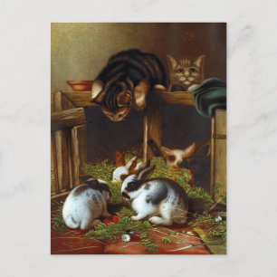 Postal Vintage Cute Rabbits and Kittens