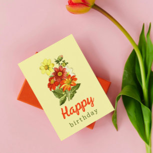 Postal Vintage Dahlia Floral Amarillo Naranja Cumpleaños