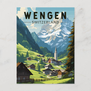 Postal Vintage de arte de viajes de Wengen Suiza