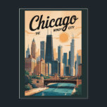 Postal Vintage de Chicago Illinois Skyline Travel<br><div class="desc">Diseño de viajes vectoriales retro de Chicago. Chicago,  la Ciudad Eólica de Illinois,  es famosa por su paisaje icónico,  su arquitectura de clase mundial y su vibrante escena cultural.</div>