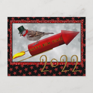 Postal Vintage de cohete de pájaro Feliz Año Nuevo