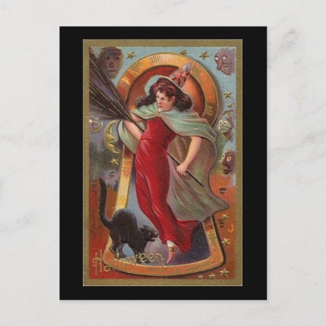 Postal Vintage de Halloween Red Witch & Black Cat (Anverso)