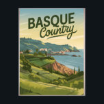 Postal Vintage del País Vasco<br><div class="desc">Representación cautivadora y nostálgica del País Vasco, una región única en el norte de España conocida por sus impresionantes paisajes y su rico patrimonio cultural. El diseño presenta la espectacular costa, las colinas verdes y los pueblos con encanto como San Sebastián y Bilbao. La obra de arte, de estilo vintage,...</div>