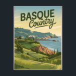 Postal Vintage del País Vasco<br><div class="desc">Representación cautivadora y nostálgica del País Vasco, una región única en el norte de España conocida por sus impresionantes paisajes y su rico patrimonio cultural. El diseño presenta la espectacular costa, las colinas verdes y los pueblos con encanto como San Sebastián y Bilbao. La obra de arte, de estilo vintage,...</div>