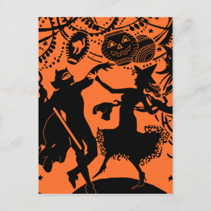 Postal Vintage Devil Witch Dance Silhouette Ilustracion