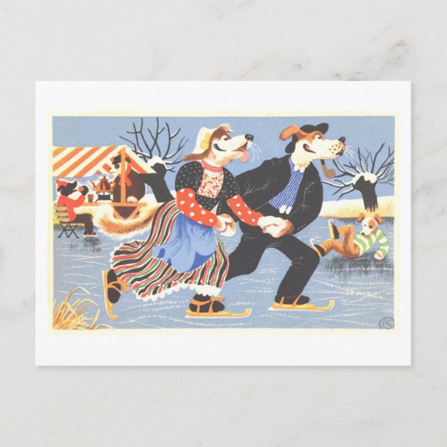Postal Vintage Dogs Ice Sking Winter (Anverso)