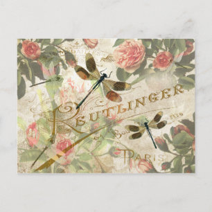 Postal Vintage Dragonfly y Rosas