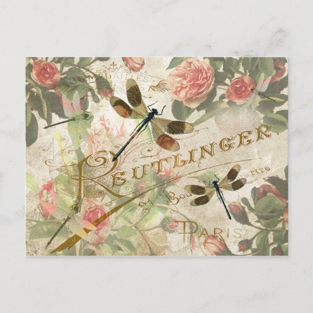 Postal Vintage Dragonfly y Rosas (Anverso)