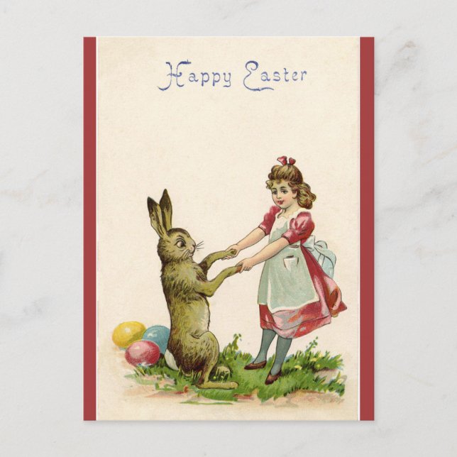 Postal Vintage Easter Bunny Bailando Con Una Niña (Anverso)