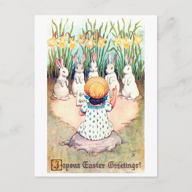 Postal Vintage Easter Bunny con Chica (Anverso)