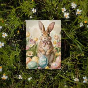 Postal Vintage Easter Bunny con tulipanes
