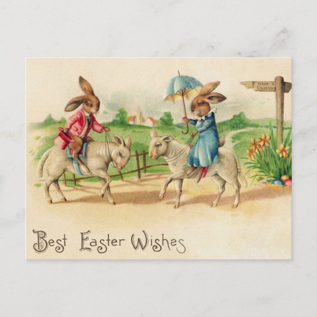 Postal Vintage Easter Bunny Rabbit Riding Lambs Saludos (Anverso)