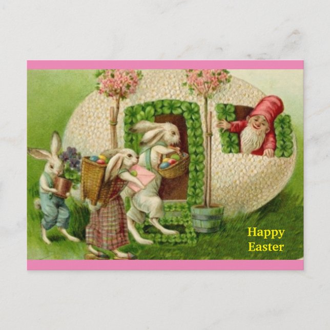 Postal Vintage Easter Bunny y Gnome Europeo (Anverso)