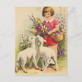 Postal Vintage Easter Child and Lambs